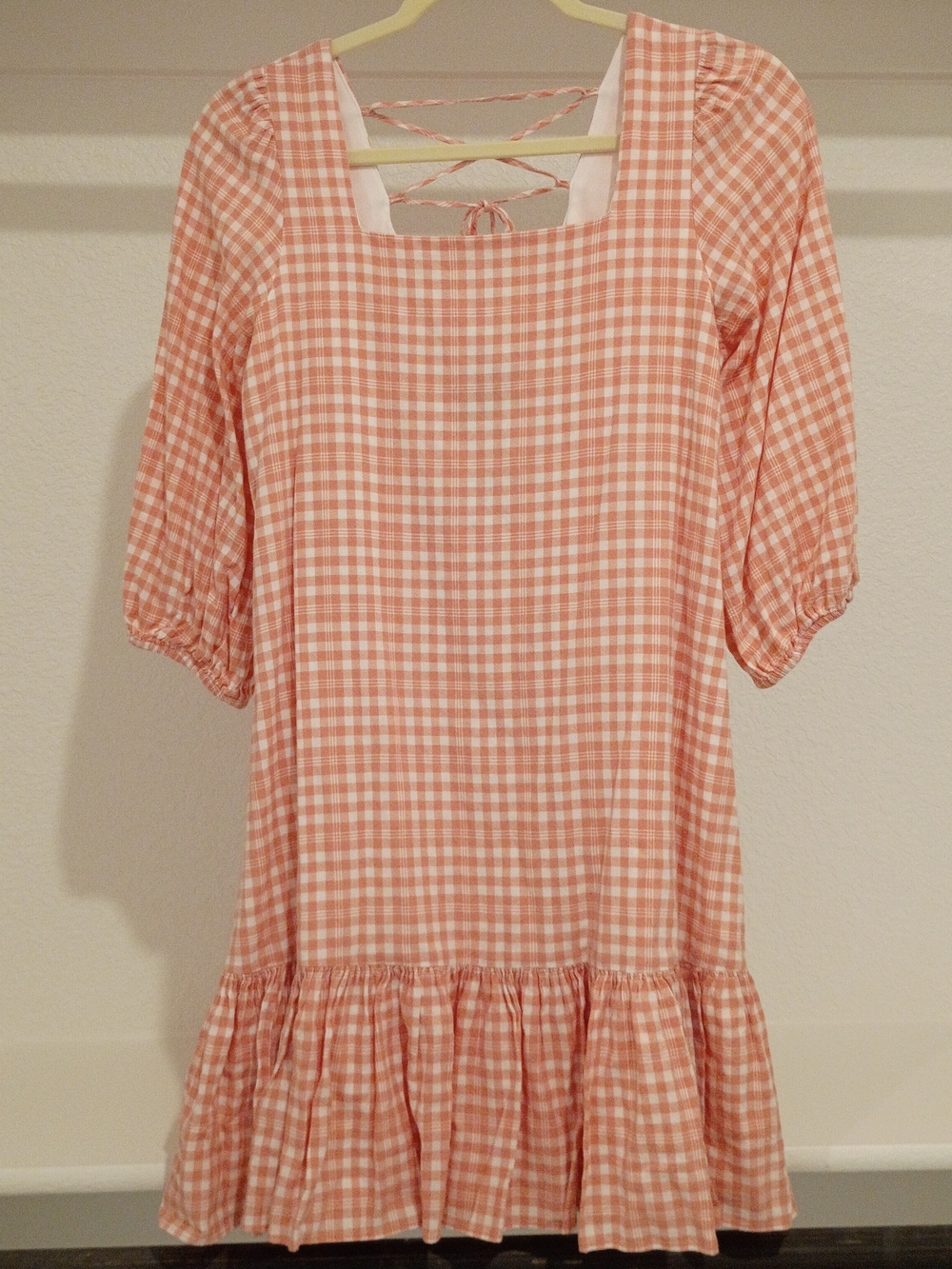 Maison tara Gingham Women's Ruffle Hem Square Neck Dress - Peach/White Size 8 - Picture 3 of 16